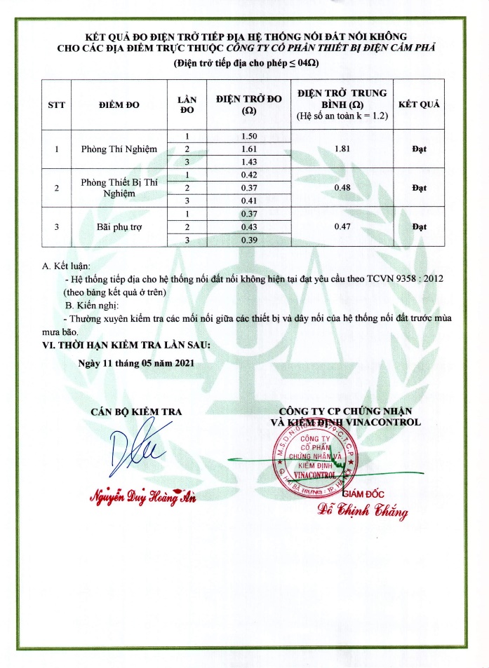 Kết quả kiểm định hệ thống chống sét của VEE