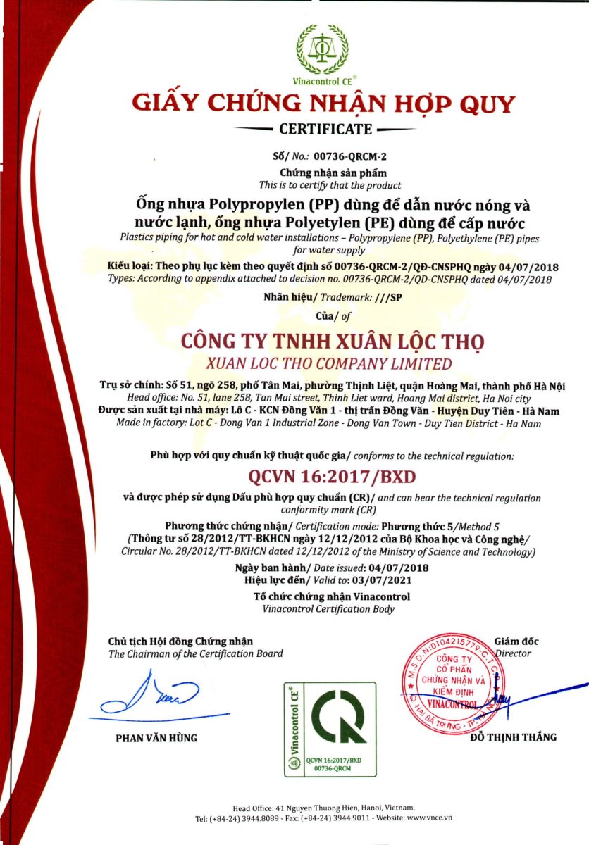 Giấy Helloo88 đặc quyền hội viên VIP hợp quy ống nhựa polypropylen (PP) và ống nhựa polyetylen (PE) theo QCVN 16:2017/BCT