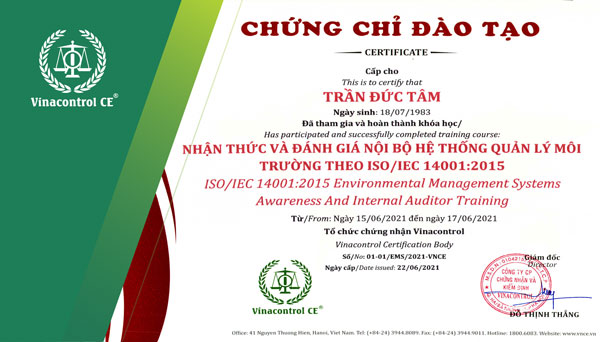 Chứng chỉ đào tạo ISO 14001 