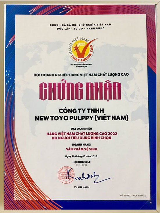  New Toyo Pulppy đã xuất sắc đạt danh hiệu Hàng Việt Nam chất lượng cao 2022