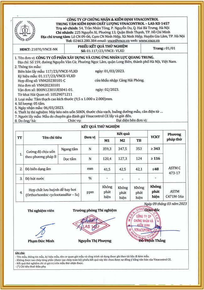 Kết quả thử nghiệm tấm thạch cao do Hello88 Trò chơi sòng bạc trực tuyến cấp 