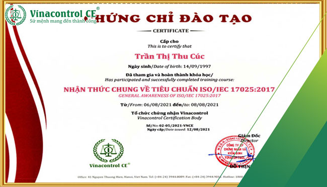 Chứng chỉ nhận thức ISO 17025 được Hello88 Trò chơi sòng bạc trực tuyến cấp cho học viên hoàn thành khóa học