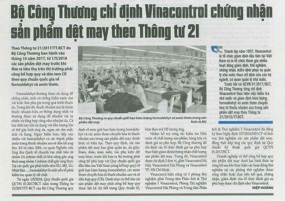 Bộ Công Thương chỉ định Vinacontrol Helloo88 đặc quyền hội viên VIP hợp quy dệt may theo Thông tư 21/2017/TT-BCT