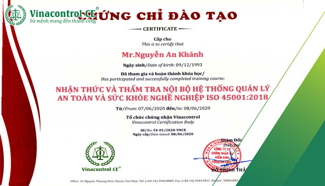 Chứng chỉ đào tạo chuyên gia đánh giá nội bộ ISO 45001 cho học viên